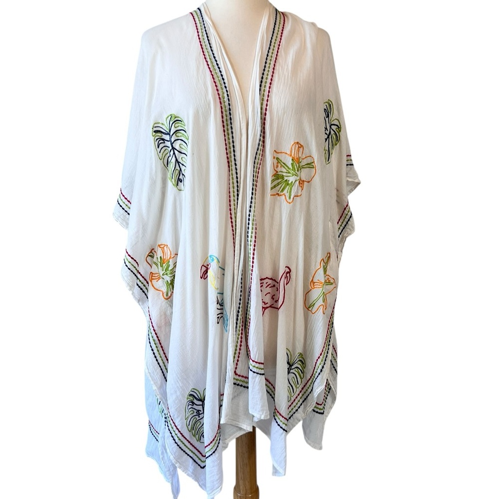 Soft Surroundings Cream Tropical Topper Kimono Swim Cover Up Embroidered Flowy